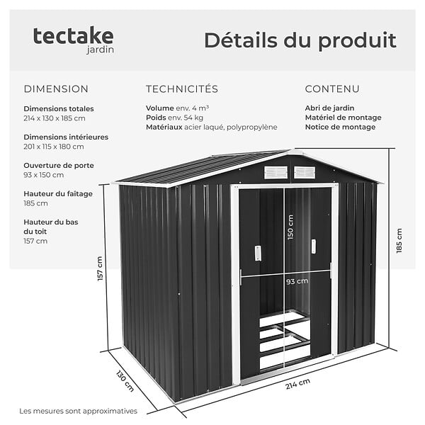 TECTAKE - Abri de jardin métal 2,7 m² toiture 2 pans gris/blanc - large