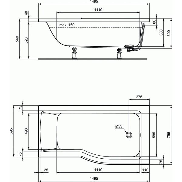 IDEAL STANDARD - IDEAL STANDARD Baignoire Connect air 150 X 80 avec Pare Bain avec volet asymétrique gauche - large
