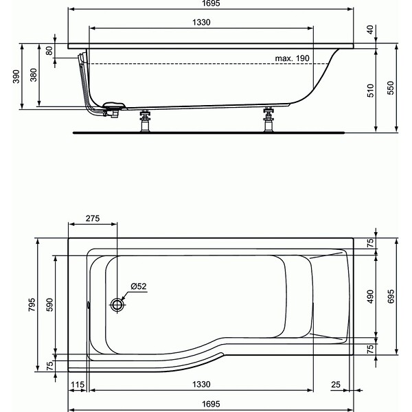 IDEAL STANDARD - IDEAL STANDARD Baignoire Connect air 170 X 80 avec Pare Bain avec volet asymétrique droite - large
