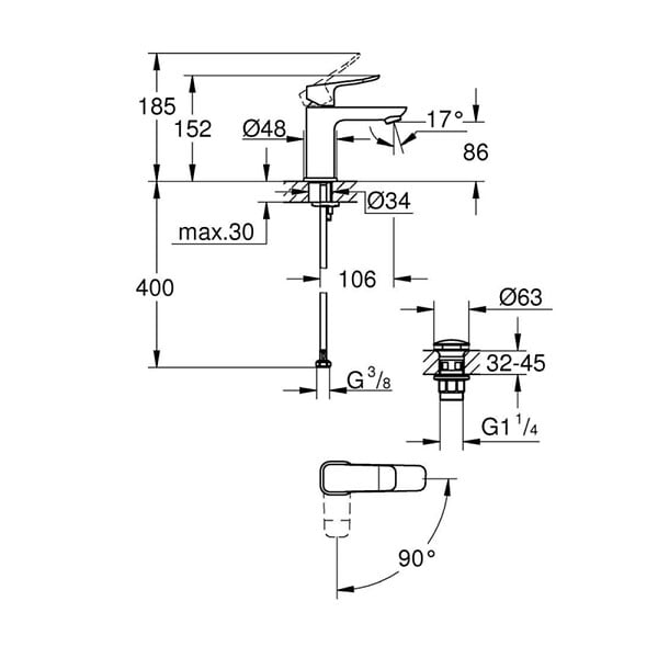 GROHE - Dice mitigeur monocommande de lavabo à levier avec vidage Clic-Clac, noir mat (1018612430) - large