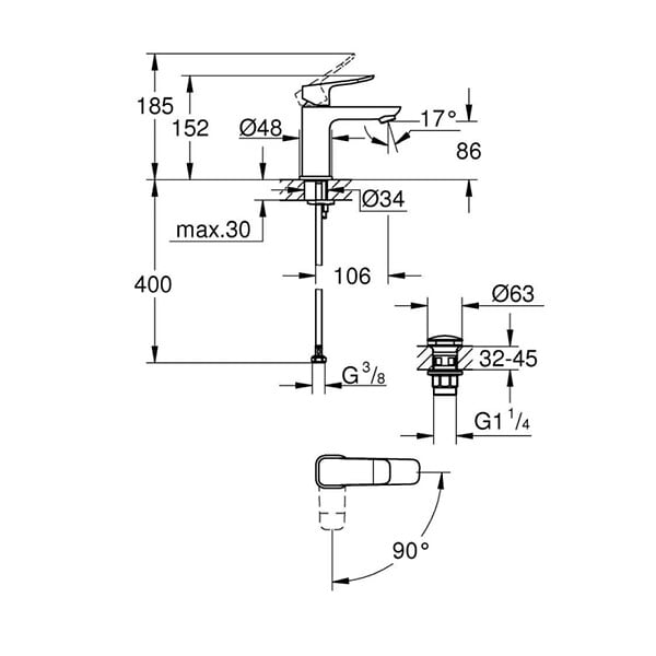 GROHE - Dice mitigeur monocommande de lavabo à levier avec vidage Clic-Clac, chrome brillant (1018610000) - large