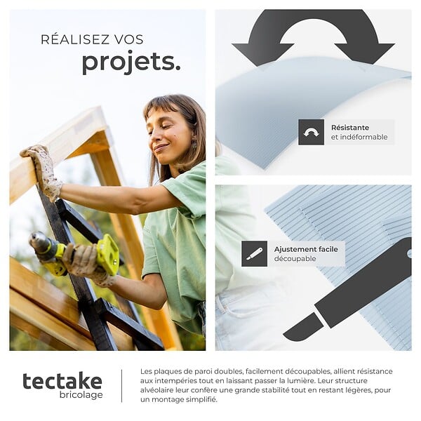 TECTAKE - Plaques doubles SHINY en polycarbonate découpables blanc transparent - large