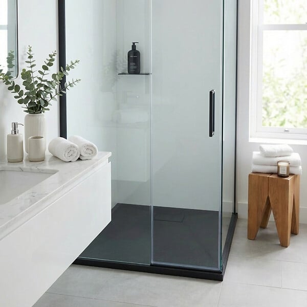 CERAMIA - Essential 80x80 cm receveur de douche carré à poser SMC avec surface effet pierre, noir (CERAES8080B) - large