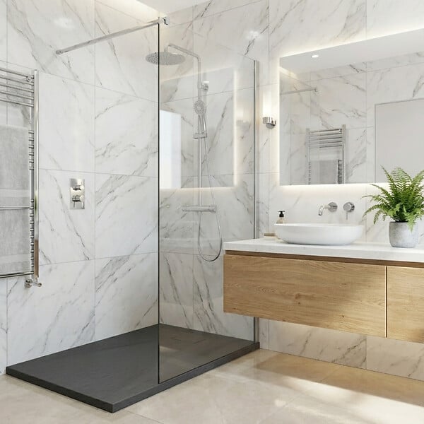 CERAMIA - Ceramia Essential 140x80 cm receveur de douche rectangulaire à poser SMC avec surface effet pierre, gris (CERAES14080DG) - large