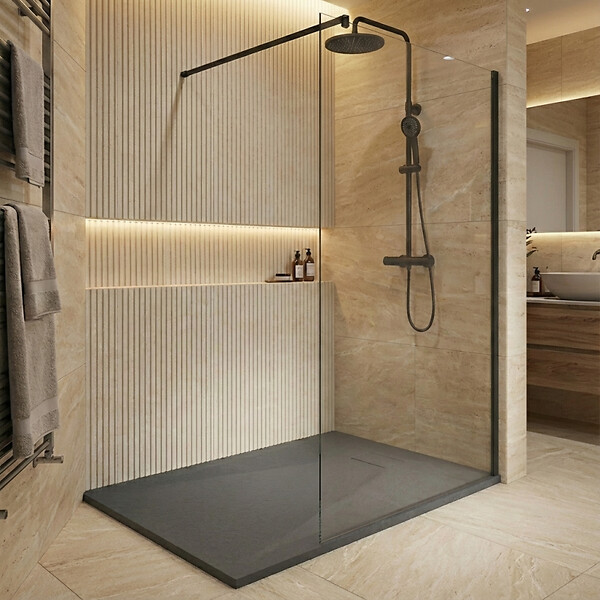CERAMIA - Essential 120x80 cm receveur de douche rectangulaire à poser SMC avec surface effet pierre, gris (CERAES12080DG) - large