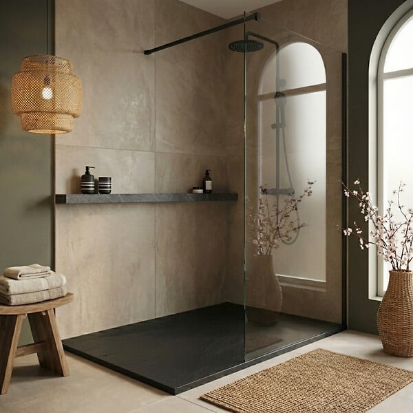 CERAMIA - Essential 120x90 cm receveur de douche rectangulaire à poser SMC avec surface effet pierre, noir (CERAES12090B) - large