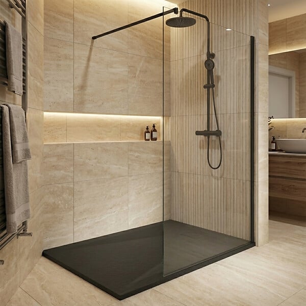 CERAMIA - Essential 120x90 cm receveur de douche rectangulaire à poser SMC avec surface effet pierre, noir (CERAES12090B) - large