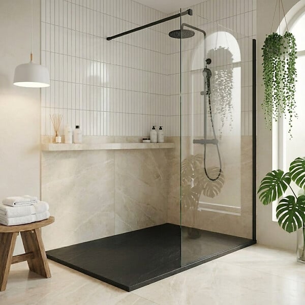 CERAMIA - PixL 120x90 cm receveur de douche rectangulaire à poser en résine composite, surface effet pierre, noir (CERAPX12090B) - large