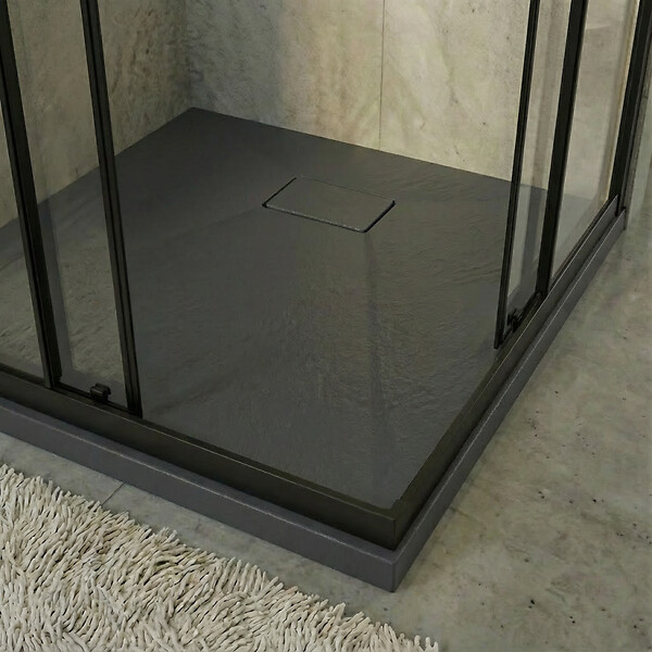 CERAMIA - Essential 80x80 cm receveur de douche carré à poser SMC avec surface effet pierre, gris (CERAES8080DG) - large