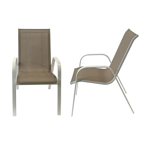HAPPY GARDEN - Lot de 8 chaises MARBELLA en textilène taupe - aluminium blanc - large