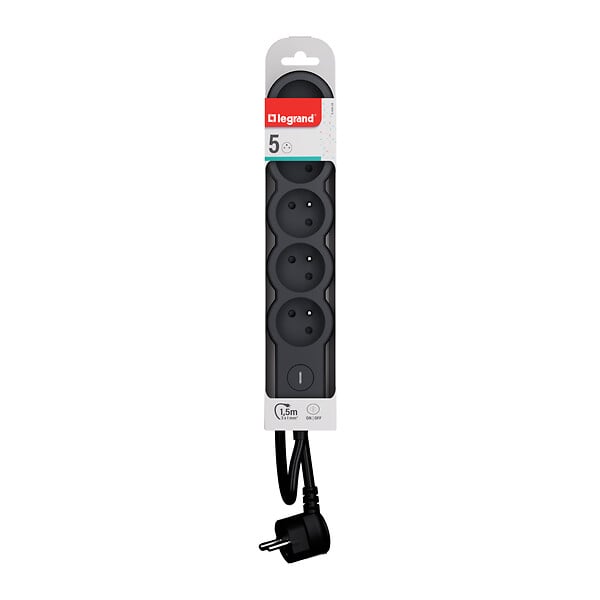 LEGRAND - Multiprise 5 prises 2P+T interrupteur - 1,5m - Noir - large