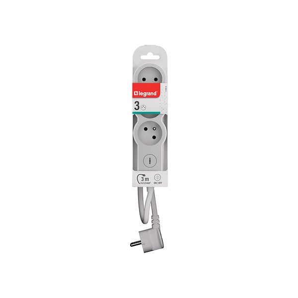 LEGRAND - Multiprise 3 prises 2P+T - Interrupteur 3m Blanc/Gris 3680W - large
