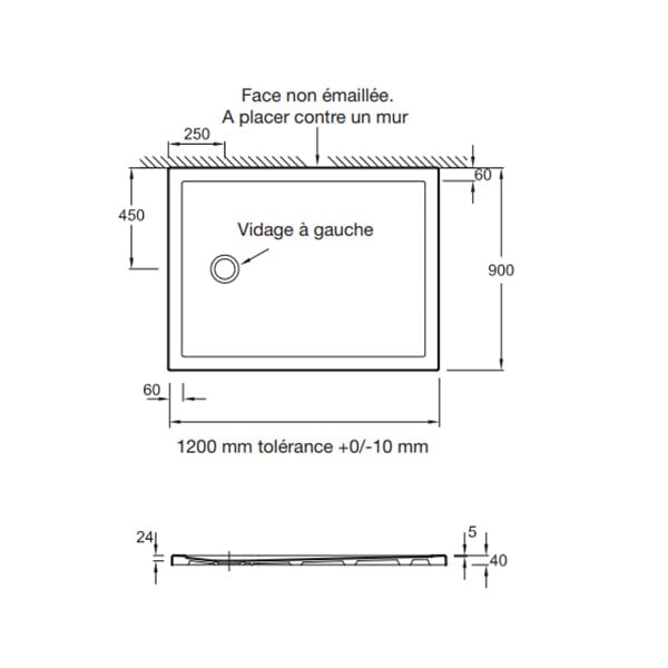 JACOB DELAFON - Receveur de douche 120 x 90 Gaspard extra-plat céramique bonde à gauche - large