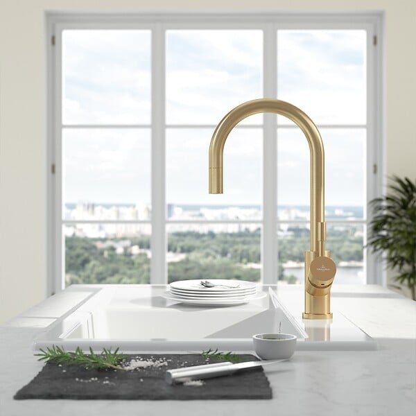 VILLEROY ET BOCH - Robinet cuisine  Umbrella flex or mat + nettoyant - large