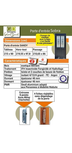 GD MENUISERIES - Porte d'entrée Bois Vitrée Sobra, H215 x L90 cm Côte Tableau p.Droit (Poignée, Barillet ref N158RPL -IN158RCI) - large