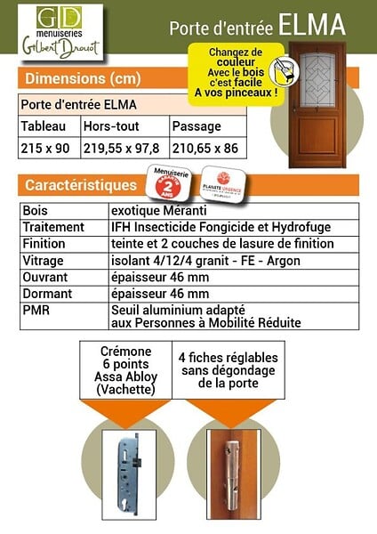 GD MENUISERIES - Porte d'entrée Bois Vitrage Transparent, ELIOTH H215 x L90 cm Côte Tableau p.Gauche (Poignée, Barillet ref N158RPL -IN158RCI) - large