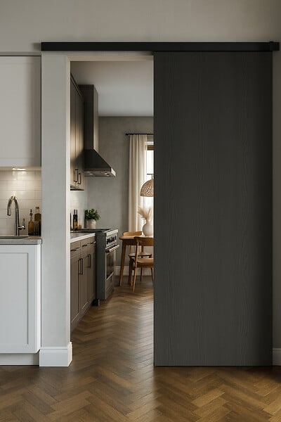 GD MENUISERIES - Porte Coulissante Effet Chêne Anthracite Grey Oak H204 x L73 cm, Rail alu Bandeau noir - large