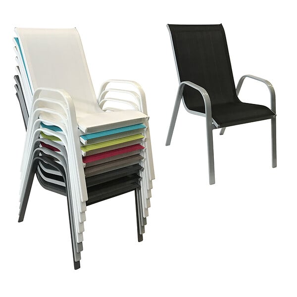 HAPPY GARDEN - Lot de 6 chaises MARBELLA en textilène noir - aluminium gris - large