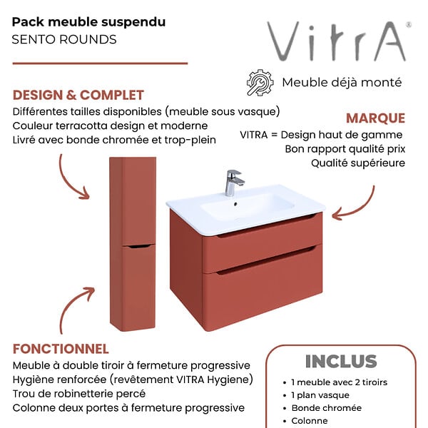VITRA - Meuble vasque suspendu VitrA Sento Round 120cm Terracotta mat + Colonne version droite - large