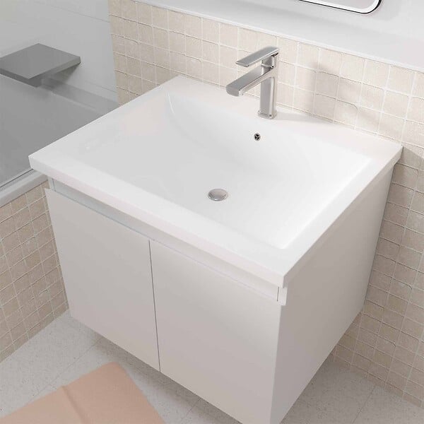 AURLANE - Meuble de salle de bains 60cm a Suspendre Blanc - 2 Portes - Vasque Blanche - ELEMENTARY - large