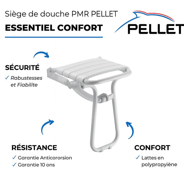 PELLET - Pack avec siège de douche PMR escamotable blanc brillant + 2 barres d'appui 42,5 cm - large