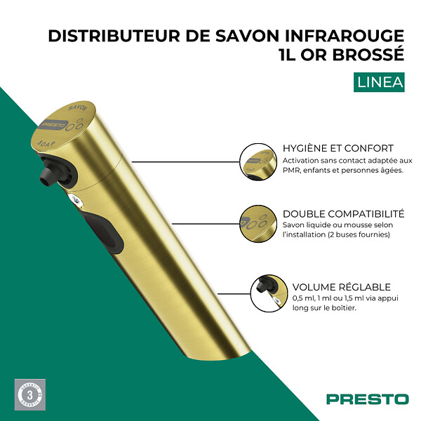PRESTO - Distributeur de savon infrarouge 1L Linea or brossé - large