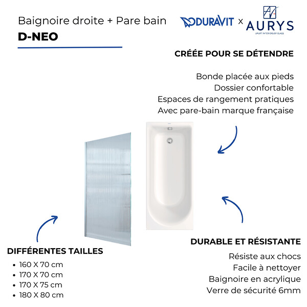 DURAVIT - Baignoire droite 170 X 75 D-Neo + Pare bain AURYS Raywall noir mat version gauche - large