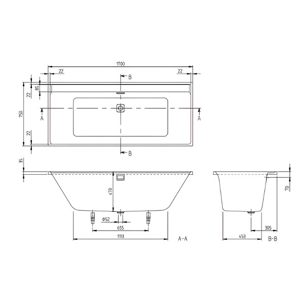 VILLEROY ET BOCH - Baignoire droite  Collaro 170 x 75cm Blanc mat  vidage et trop plein blanc mat + Pare bain droite AURYS Raywall - large