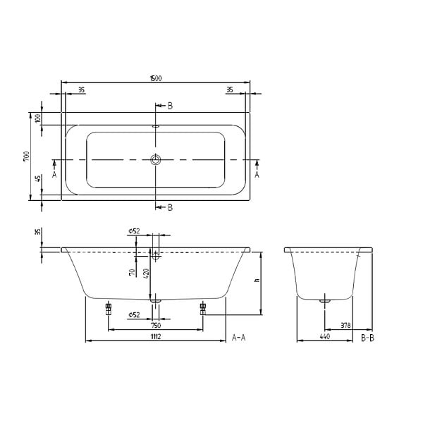VILLEROY ET BOCH - Baignoire droite Architectura 150 x 70 cm Blanc + Pare bain gauche AURYS Raywall Noir mat - large