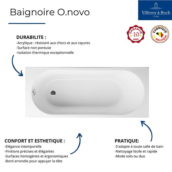 VILLEROY ET BOCH - Baignoire droite avec pieds 170 x 75 cm O.Novo Blanc + Pare Bain gauche AURYS Raywall noir mat - large