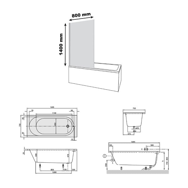 VILLEROY ET BOCH - Baignoire droite avec pieds 170 x 75 cm O.Novo Blanc + Pare Bain gauche AURYS Raywall noir mat - large