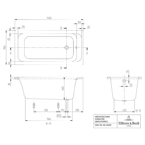 VILLEROY ET BOCH - Baignoire droite Architectura acrylique 140 x 70 cm  + Pare bain gauche AURYS Raywall Noir mat - large