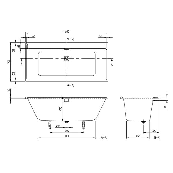 VILLEROY ET BOCH - Baignoire droite  Collaro 160 x 75cm Blanc mat  vidage et trop plein chrome + Pare bain droite AURYS Raywall - large