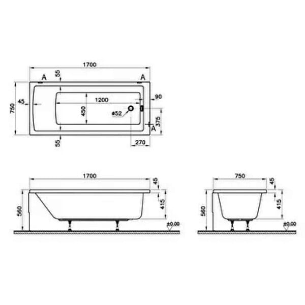 VITRA - Baignoire rectangulaire VitrA Neon 170x75cm + Pare bain droit AURYS Raywall noir mat profilé droite - large