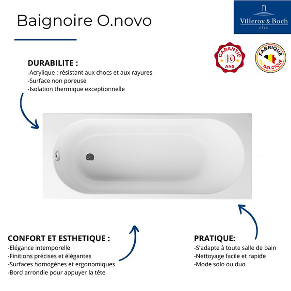 VILLEROY ET BOCH - Baignoire droite avec pieds 170 x 70 cm O.Novo + Pare bain droite AURYS Raywall noir mat - large
