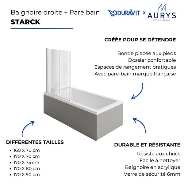 DURAVIT - Baignoire droite 170 X 75 Starck + Pare bain AURYS Raywall noir mat version droite - large