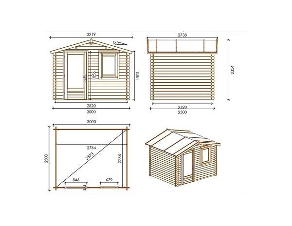 ALTANKA - Abri de jardin en bois - 7.5m2 - 3x2.5m - Ep. 28mm - Couleur: naturel - DOM755 - large