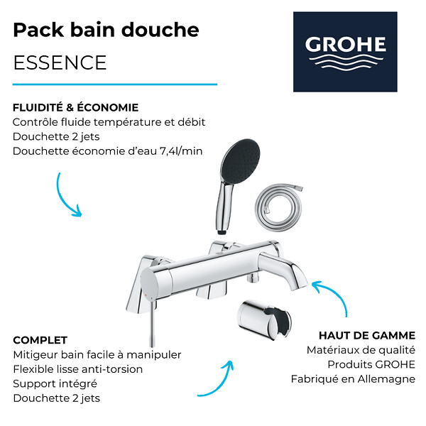 GROHE - Pack mitigeur bain douche mécanique Essence + douchette ronde  2 jets + flexible + support - large