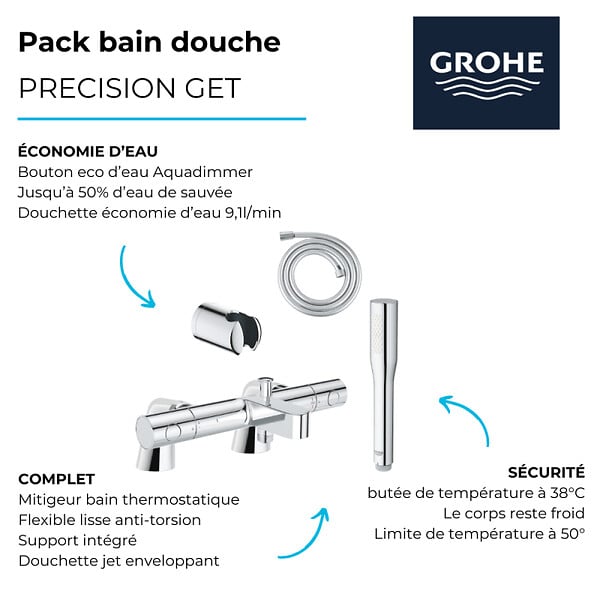 GROHE - Pack mitigeur thermostatique Grohtherm 800 avec colonnettes + Douchette 1 jet Vitalio Get Stick + Flexible 1750 mm et support - large