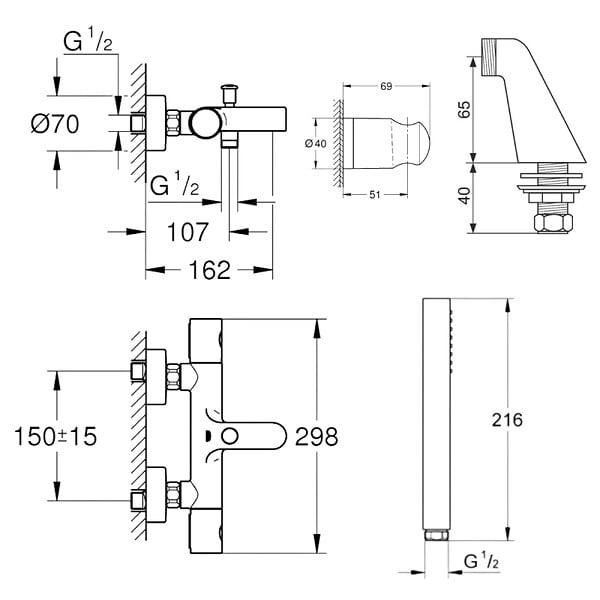 GROHE - Pack mitigeur thermostatique Grohtherm 800 avec colonnettes + Douchette 1 jet Vitalio Get Stick + Flexible 1750 mm et support - large