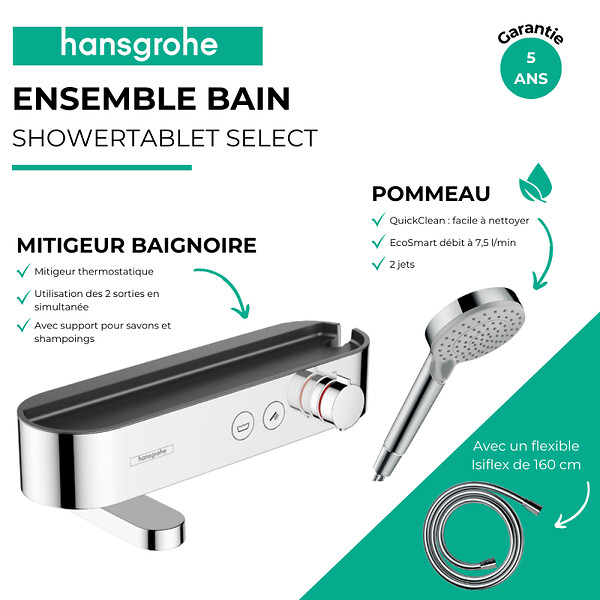 HANSGROHE - Pack mitigeur bain douche thermostatique ShowerTablet Select + Flexible Isiflex + Pommeau de douche Vernis Blend Chromé - large