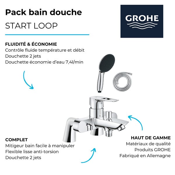 GROHE - Pack mitigeur bain douche mécanique Start Loop + douchette ronde  2 jets + flexible - large