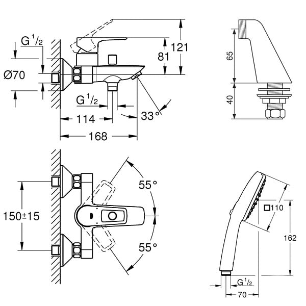GROHE - Pack mitigeur bain douche mécanique Start Loop + douchette ronde  2 jets + flexible - large