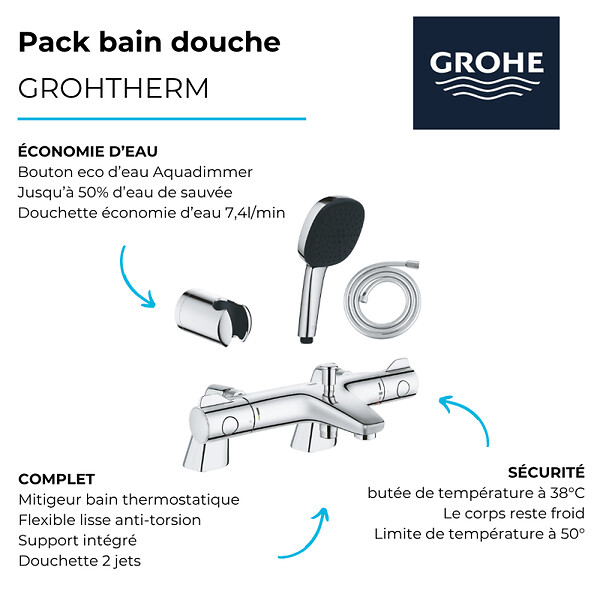 GROHE - Pack mitigeur bain douche thermostatique Grohtherm 800 + douchette carré  2 jets + flexible + support - large
