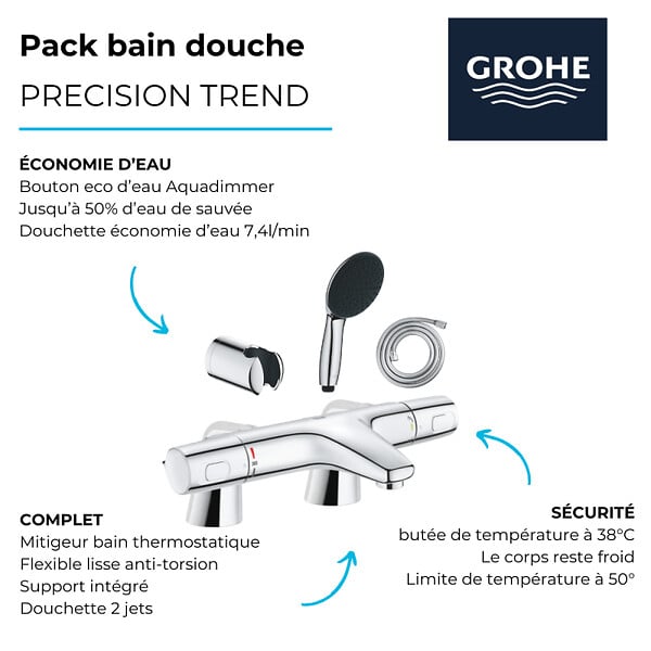 GROHE - Pack mitigeur bain douche thermostatique Precision Trend + douchette ronde 2 jets + flexible + support - large