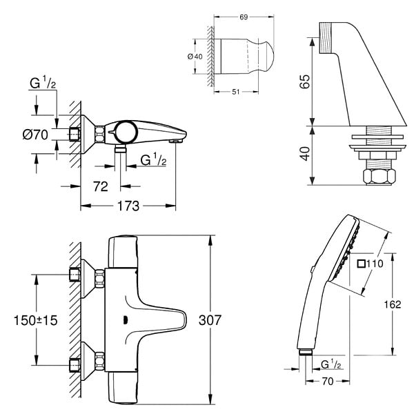 GROHE - Pack mitigeur bain douche thermostatique Precision Trend + douchette ronde 2 jets + flexible + support - large