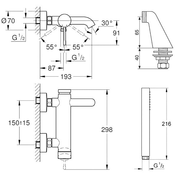 GROHE - Pack mitigeur mécanique Essence avec colonnettes + Douchette 1 jet Vitalio Get Stick + Flexible 1750 mm et support - large