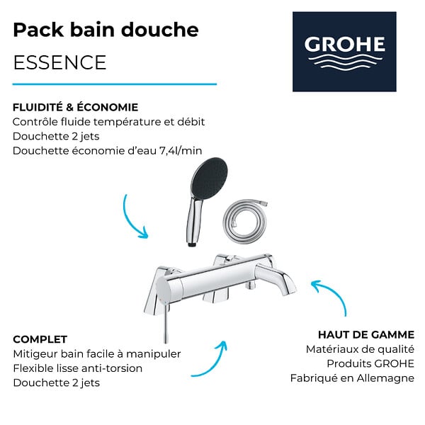 GROHE - Pack mitigeur bain douche mécanique Essence + douchette ronde  2 jets + flexible - large