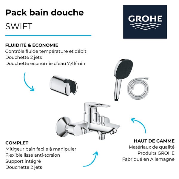 GROHE - Pack mitigeur bain douche mécanique Swift + douchette carré  2 jets + flexible + support - large