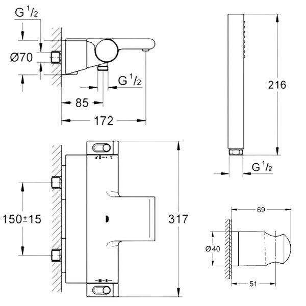 GROHE - Pack mitigeur bain thermostatique Grohtherm 2000 + Douchette 1 jet Vitalio Get Stick + Flexible et support de douche - large